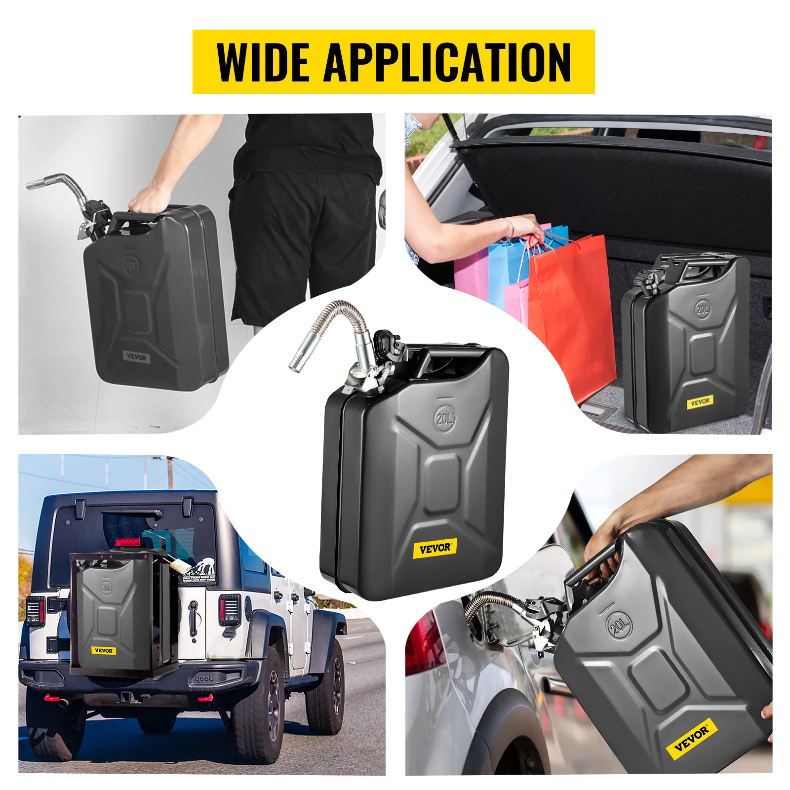 VEVOR jerry fuel can in various uses: trunk storage, refueling, and attached to a jeep for on-the-go use.