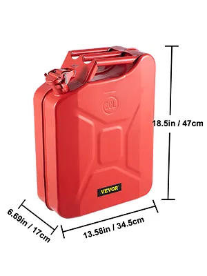 Bidón VEVOR rojo, capacidad de 20 l, dimensiones: 47 x 34 x 17 cm, construcción robusta de metal.