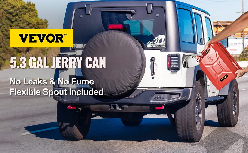 VEVOR jerry fuel can, 5.3 gal capacity, being used to refuel a white jeep on a sunny day.