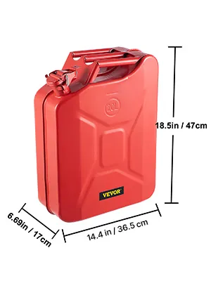 red VEVOR jerry fuel can, 20l, with dimensions: 18.5in/47cm x 13.58in/34.5cm x 6.69in/17cm.