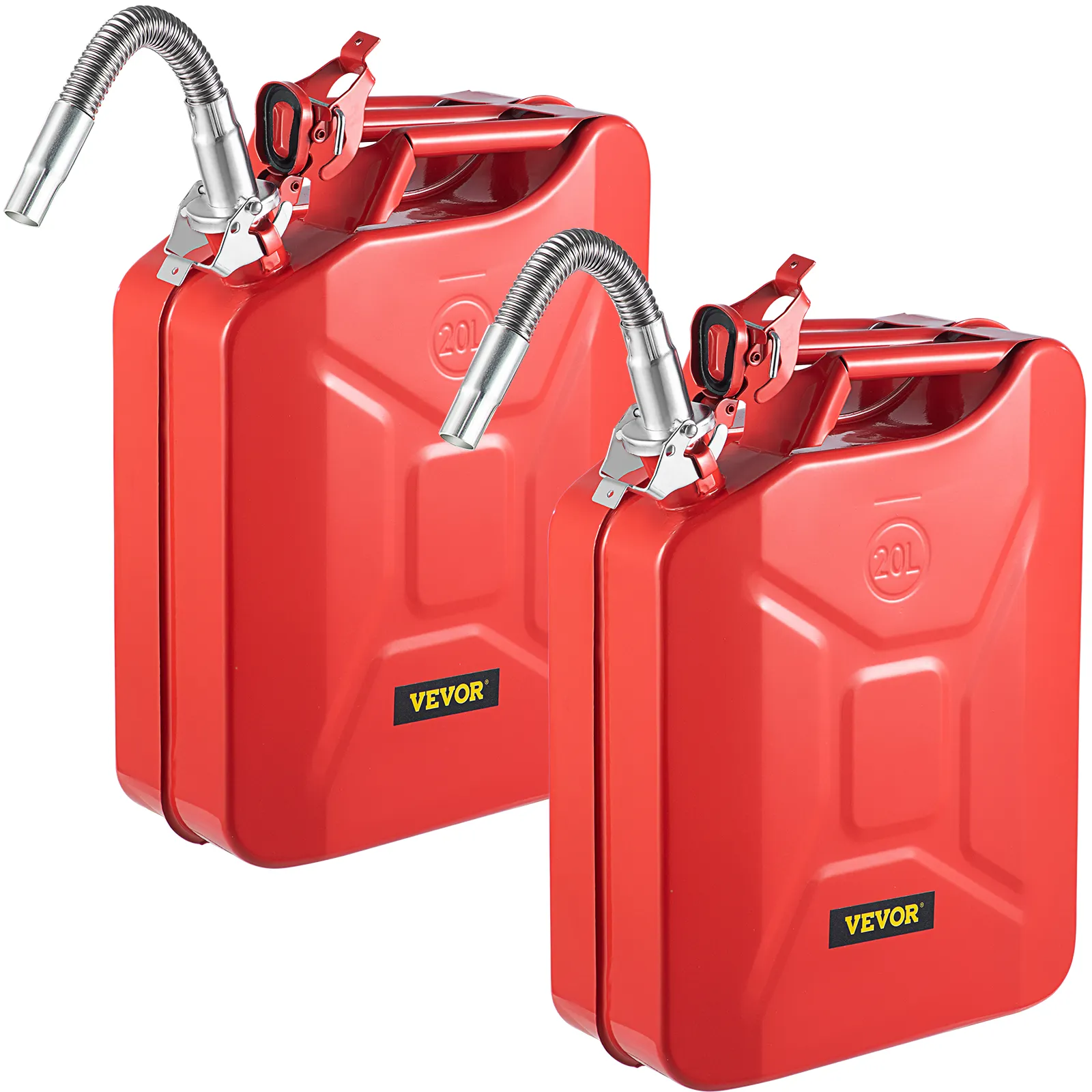 two red 20l VEVOR jerry fuel cans with attached flexible spouts.