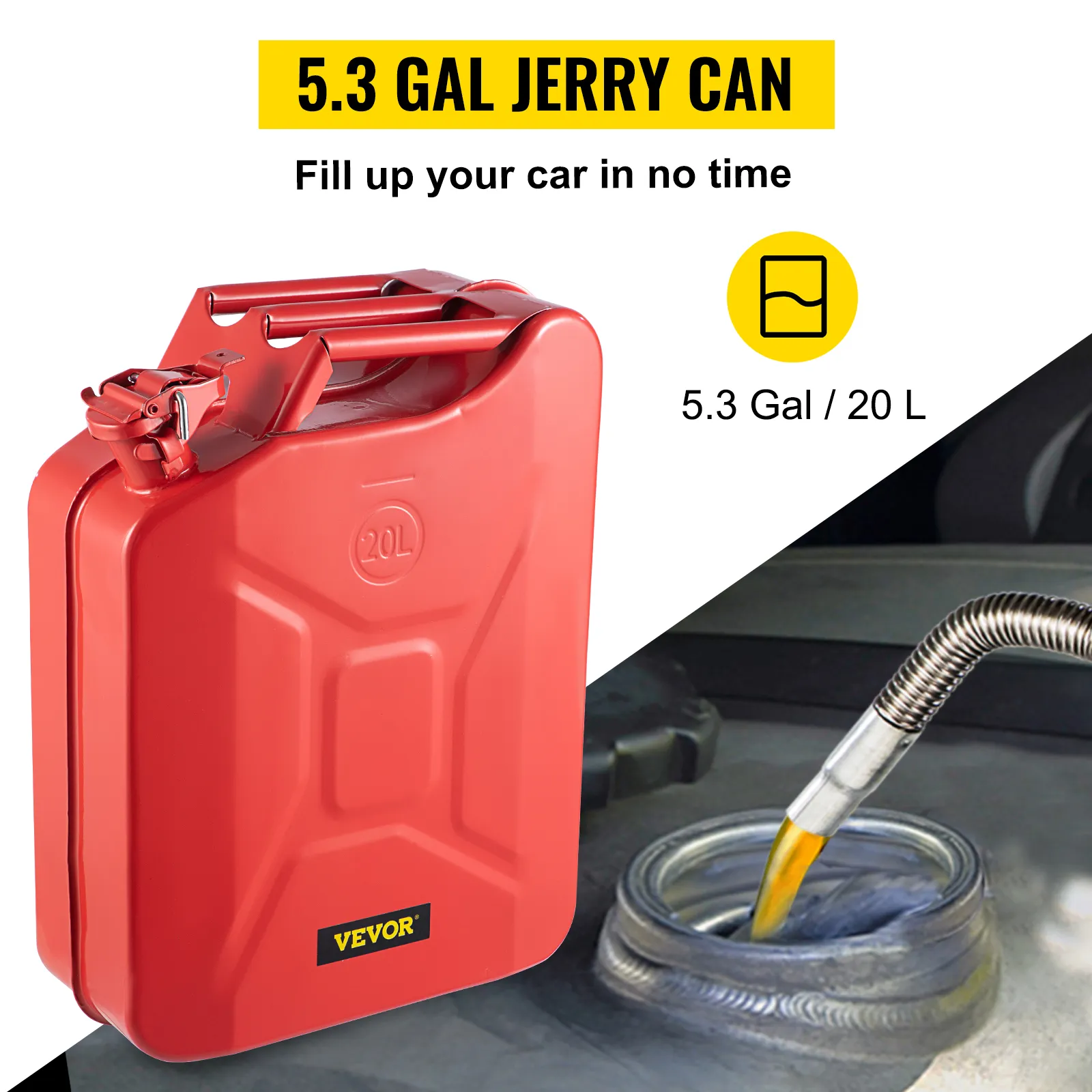 VEVOR jerry fuel can 5.3 gal, red, with text "fill up your car in no time", filling fuel into tank.