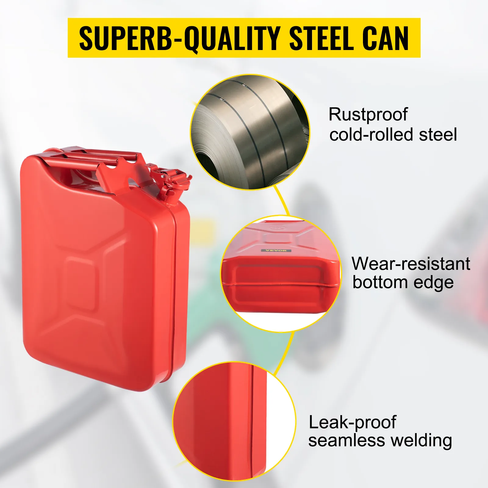 VEVOR jerry fuel can, rustproof cold-rolled steel, wear-resistant bottom edge, leak-proof seamless welding.