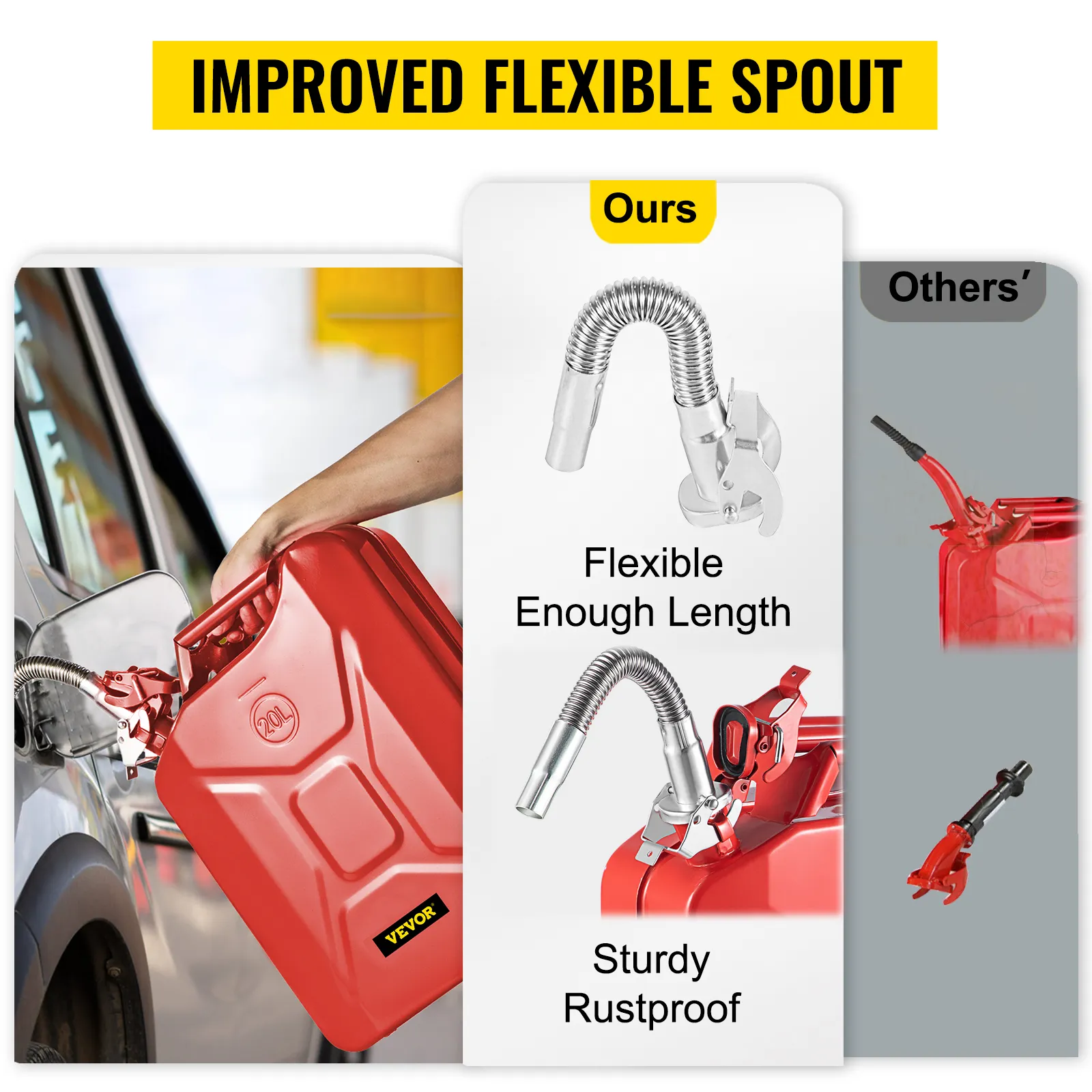 VEVOR jerry fuel can with improved flexible spout, showcasing flexible length and rustproof design.