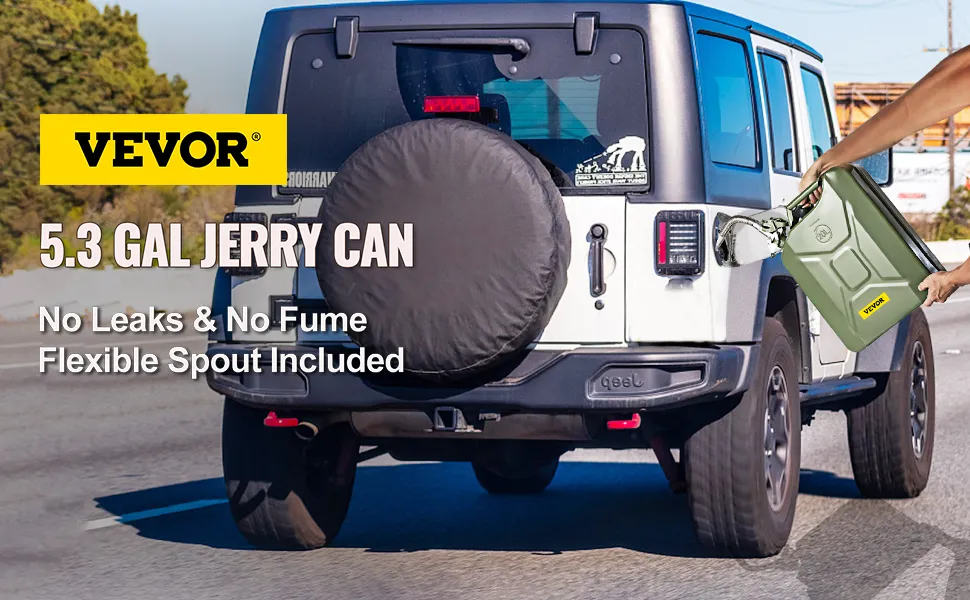VEVOR jerry fuel can, 5.3 gal, no leaks or fumes, flexible spout, jeep refueling.