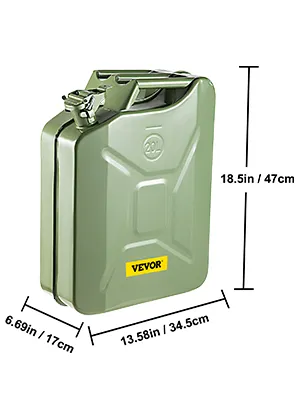 green VEVOR jerry fuel can 20l with measurements: 18.5in (47cm) x 13.58in (34.5cm) x 6.69in (17cm).