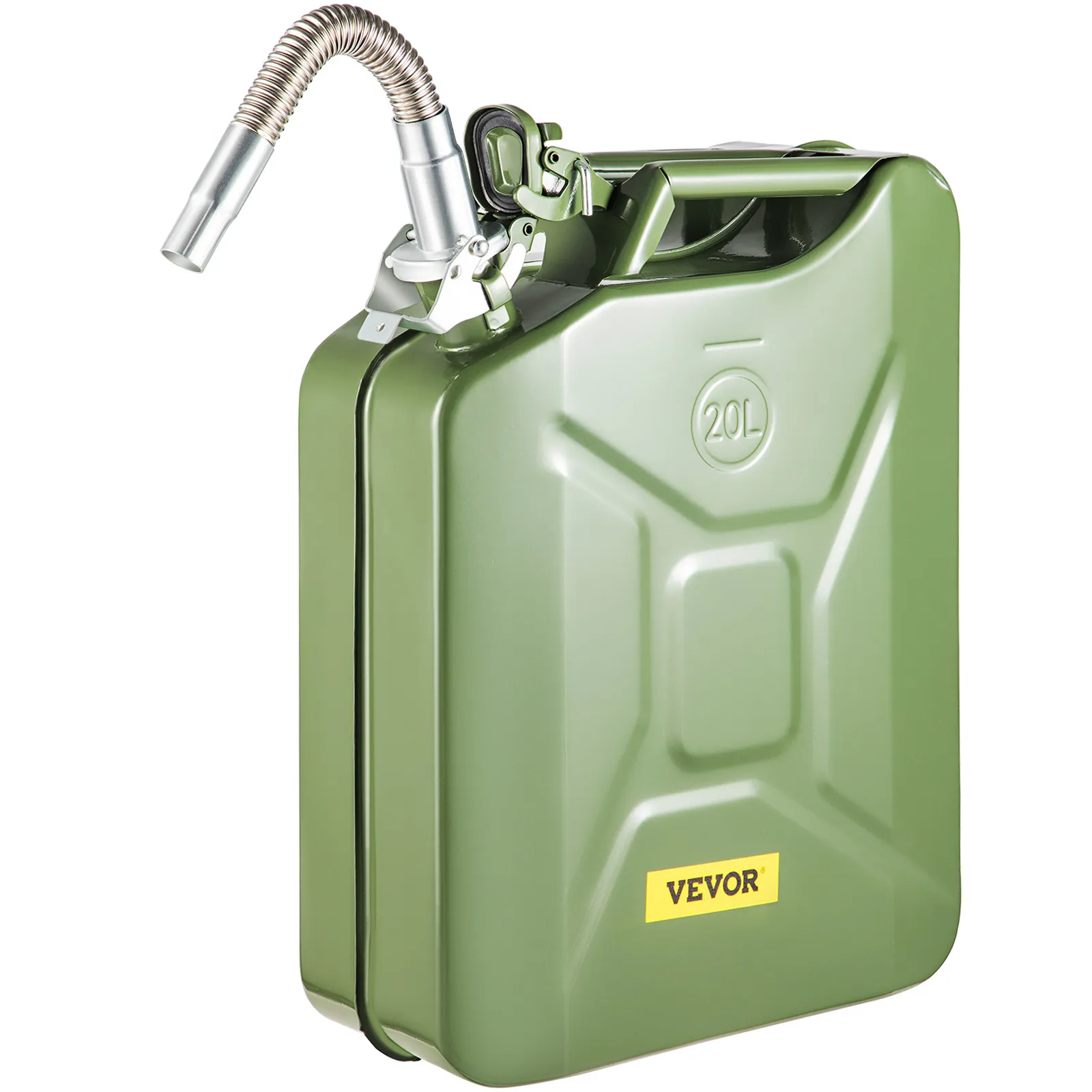 green VEVOR jerry fuel can with spout, 20l capacity, durable metal construction.