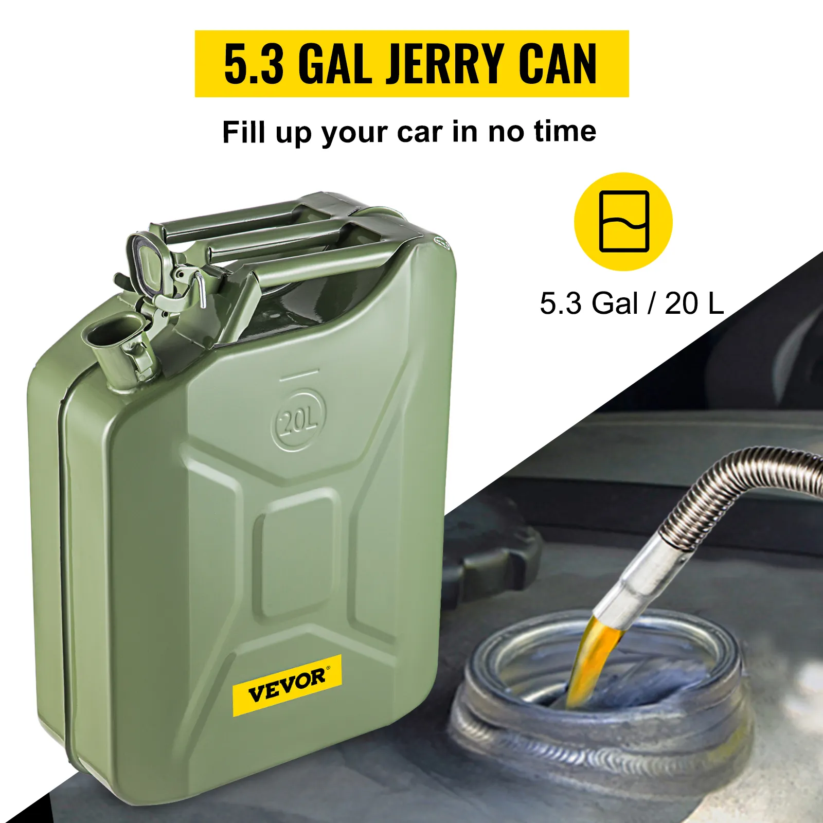 VEVOR jerry fuel can (5.3 gal) shown with nozzle filling a car tank, highlighting 20l capacity.