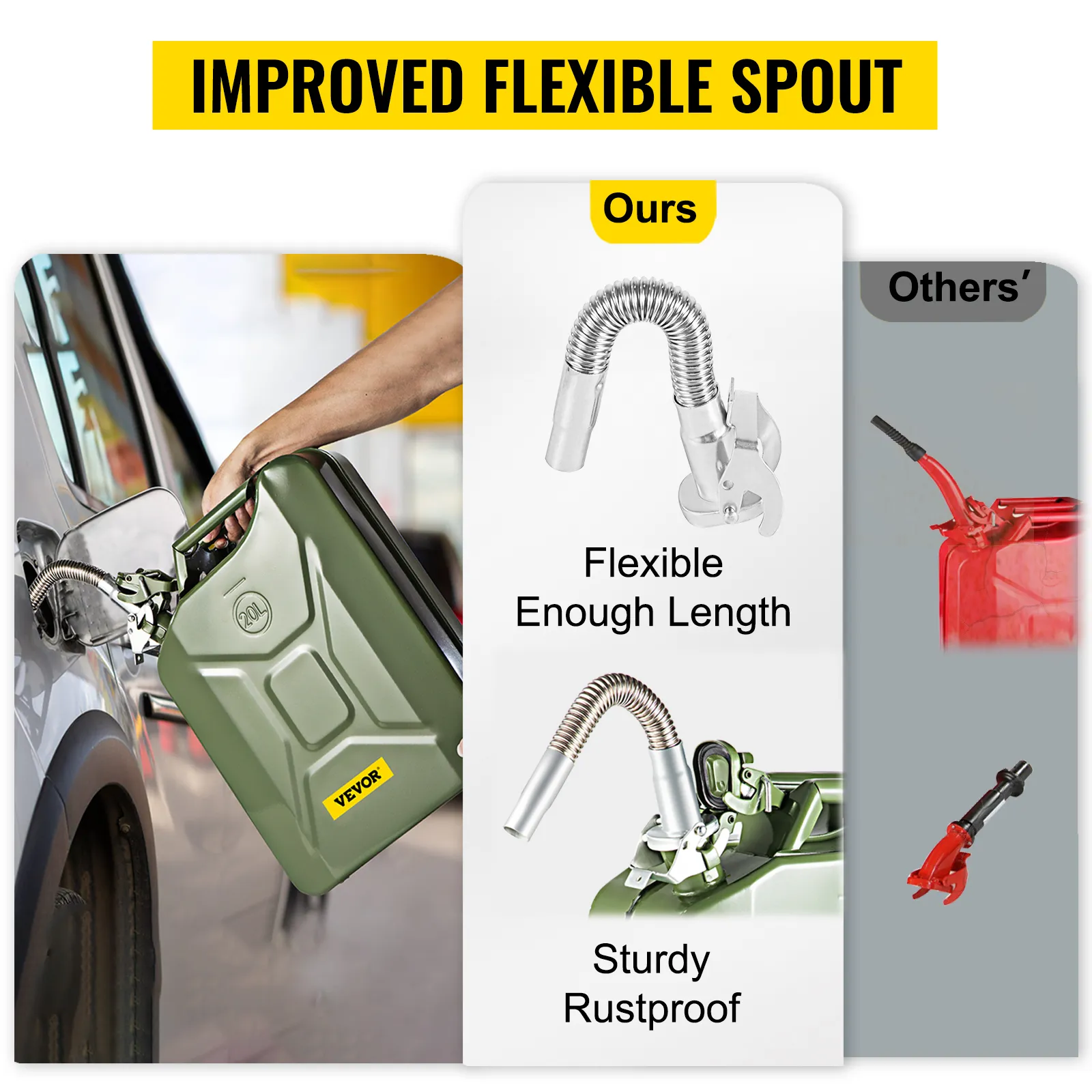 VEVOR jerry fuel can with flexible and rustproof spout, showcasing improved length and durability.
