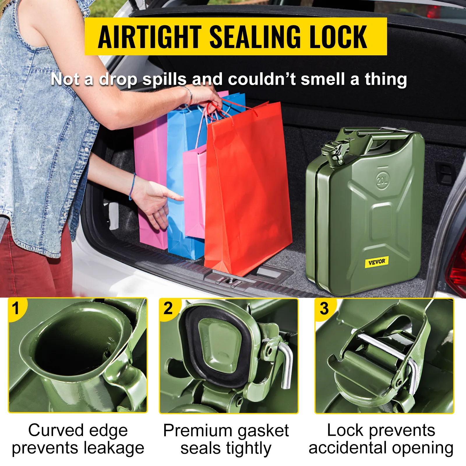 VEVOR jerry fuel can in car trunk with sealing lock, beside colorful shopping bags.