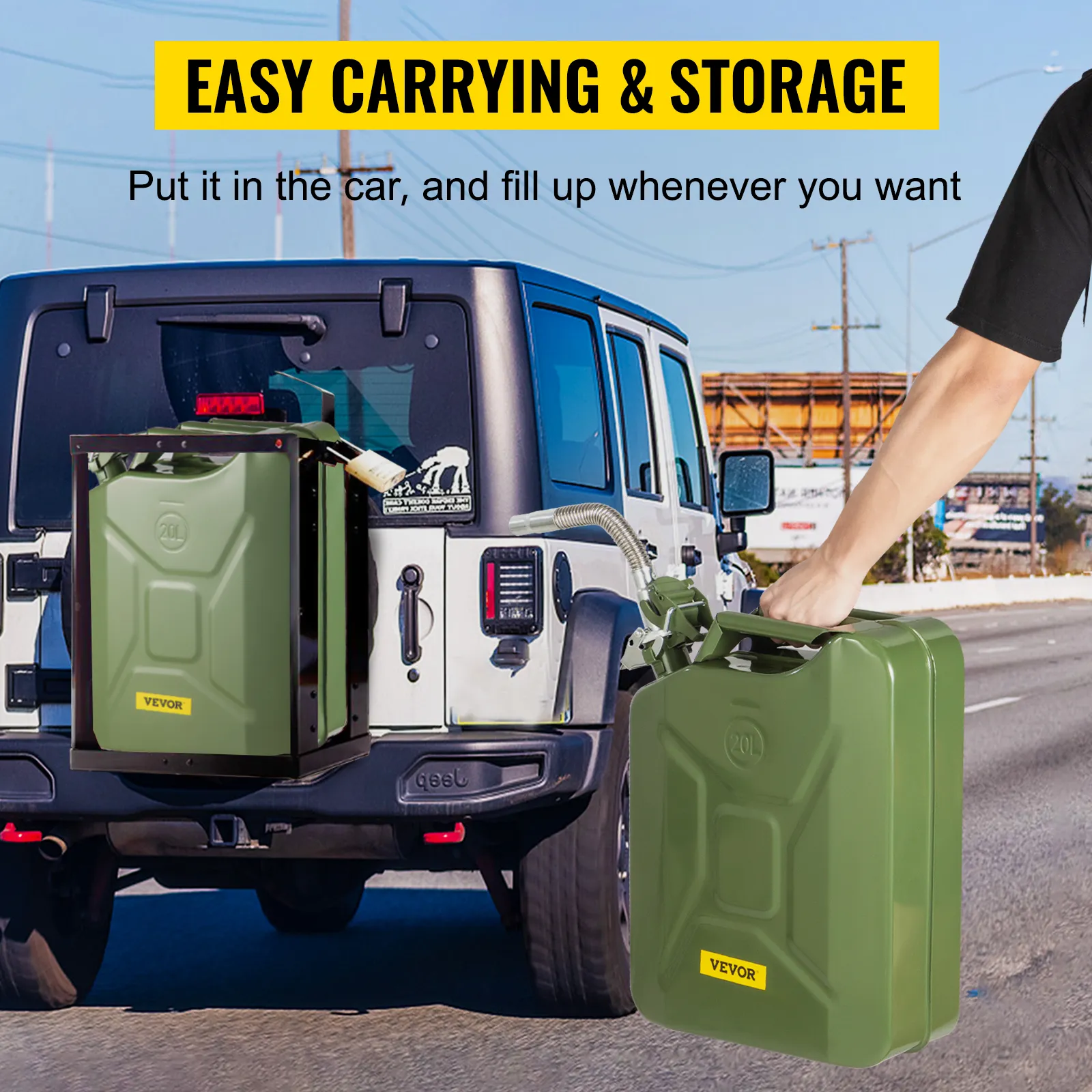 person carrying VEVOR jerry fuel can next to a jeep with a mounted fuel can holder. easy carrying & storage.