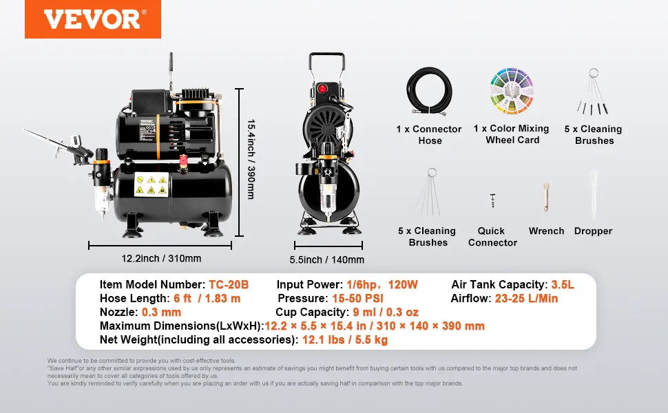 Kit de aerógrafo VEVOR con compresor, boquilla, cepillos de limpieza, manguera, rueda mezcladora y accesorios exhibidos.