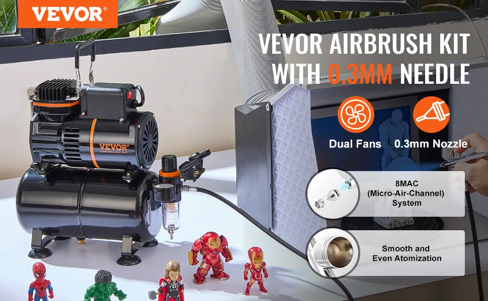 VEVOR airbrush kit with 0.3mm needle, dual fans, smooth atomization, and 8mac system.