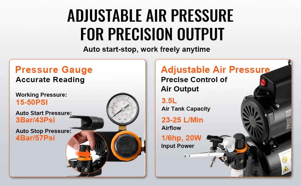 Kit de aerógrafo VEVOR con presión de aire ajustable, manómetro preciso, tanque de aire de 3,5 l, flujo de aire de 23-25 l/min, 20 W.