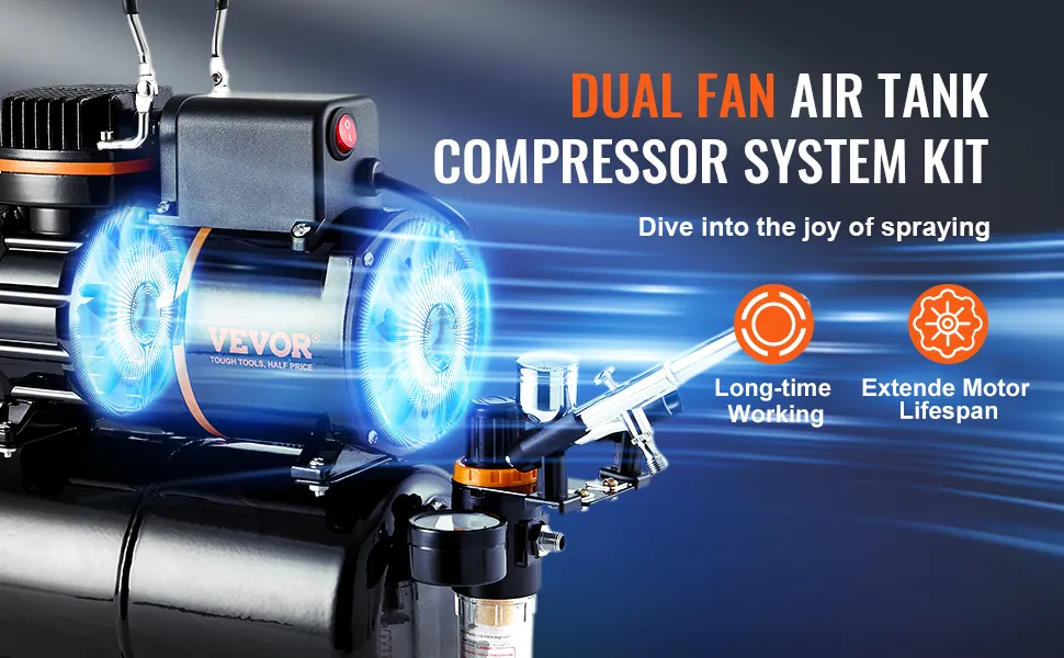 Kit de aerógrafo VEVOR con sistema de compresor de tanque de aire de ventilador doble, que garantiza un funcionamiento prolongado y una vida útil prolongada del motor.