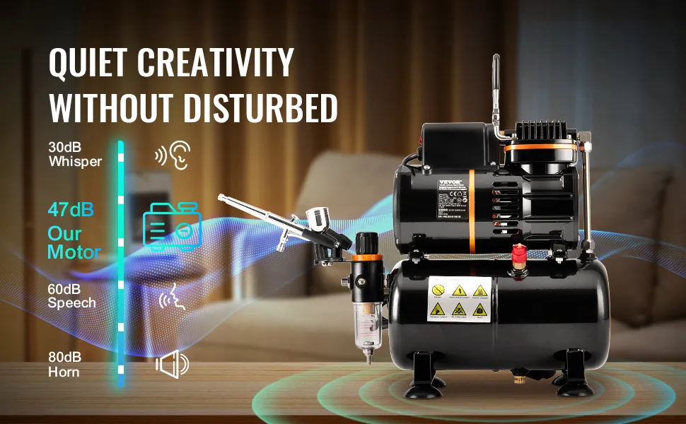 Kit de aerógrafo VEVOR que muestra un motor silencioso de 47 db junto a una tabla de comparación de decibeles, sobre una mesa de madera.