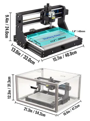 Máquina enrutadora CNC VEVOR con dimensiones y carcasa para trabajar la madera con precisión.