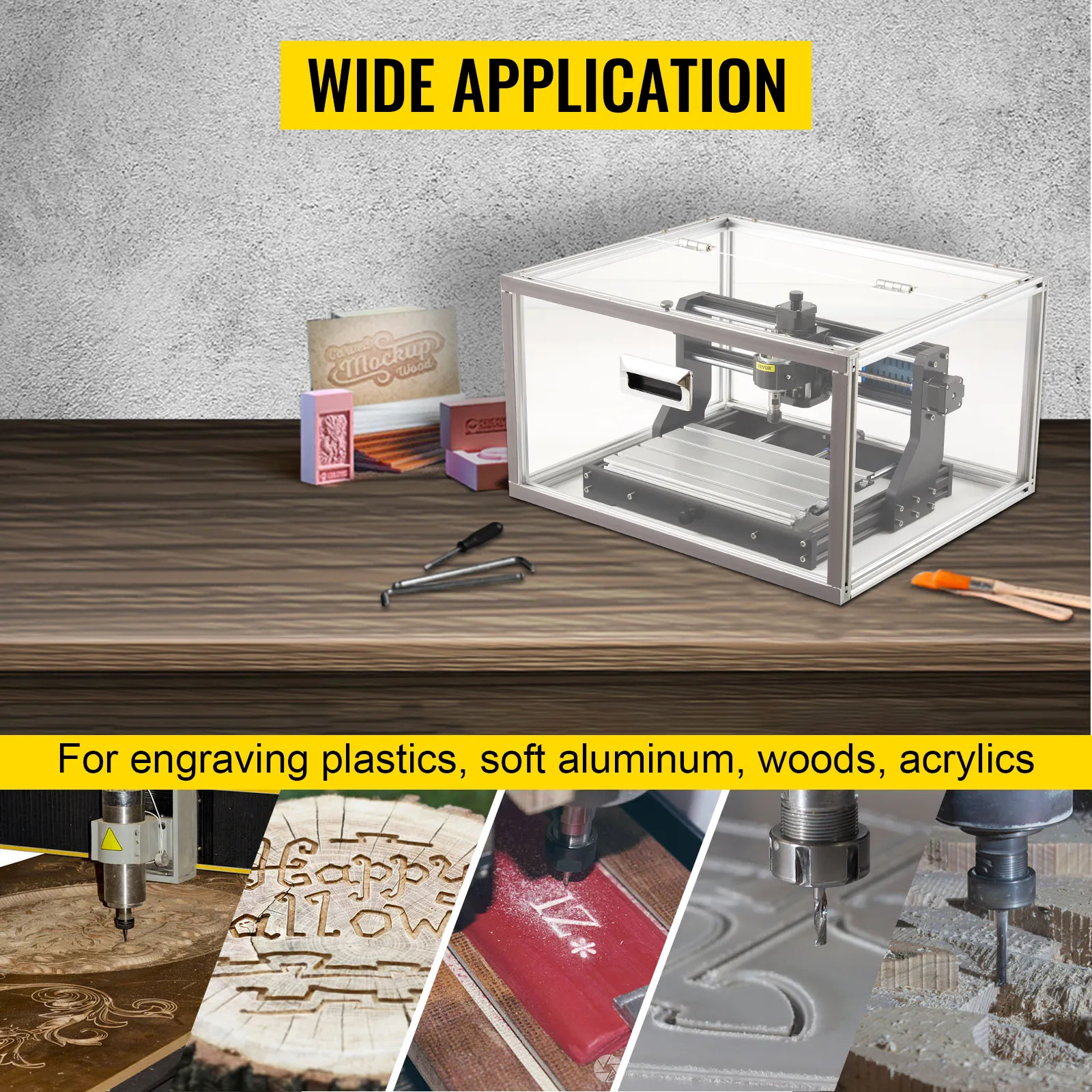 Máquina enrutadora CNC VEVOR para grabar plásticos, aluminio blando, maderas y acrílicos.