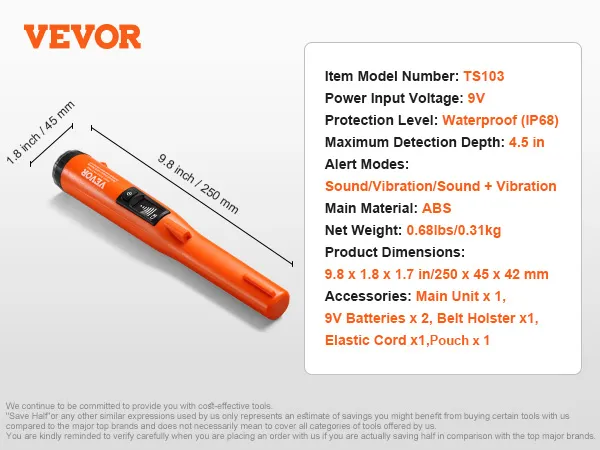 Metal detector pinpointer VEVOR, impermeabile IP68, profondità di rilevamento massima 4,5 pollici, alimentazione 9 V, materiale principale ABS.