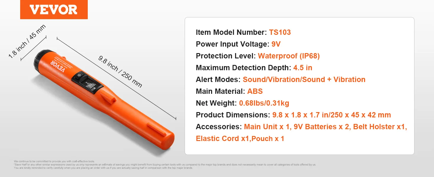 Metal detector pinpointer VEVOR, impermeabile IP68, profondità di rilevamento massima 4,5 pollici, alimentazione 9 V, materiale principale ABS.