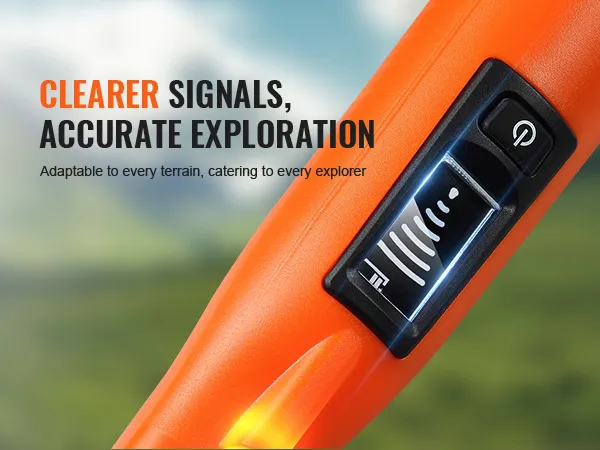 metal detector VEVOR arancione con schermo che mostra linee di rilevamento virtuali su uno sfondo sfocato.