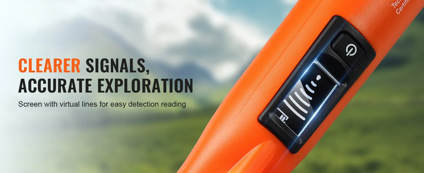 metal detector VEVOR arancione con schermo che mostra linee di rilevamento virtuali su uno sfondo sfocato.