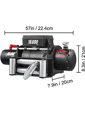 VEVOR electric truck winch, 18,000-lb capacity, dimensions: 22.4cm x 21cm x 20cm.