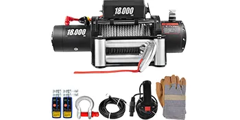 VEVOR electric truck winch with accessories and gloves, featuring 18,000 lbs pulling capacity.