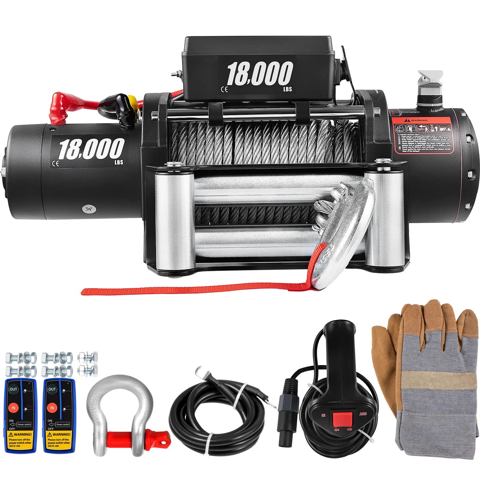 VEVOR electric truck winch with accessories, including remote controls, gloves, and cables.