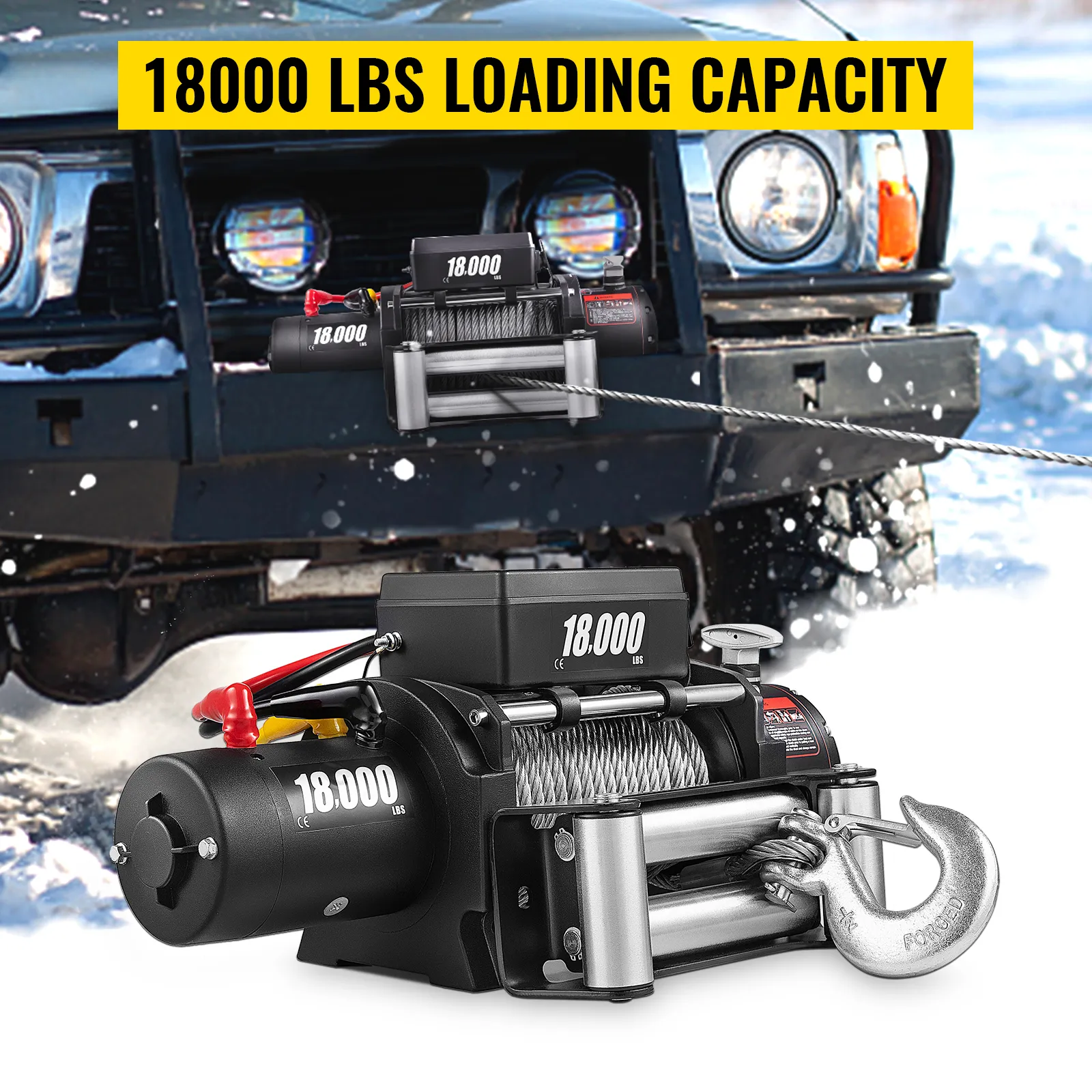 VEVOR electric truck winch with 18000 lbs loading capacity on snowy terrain.