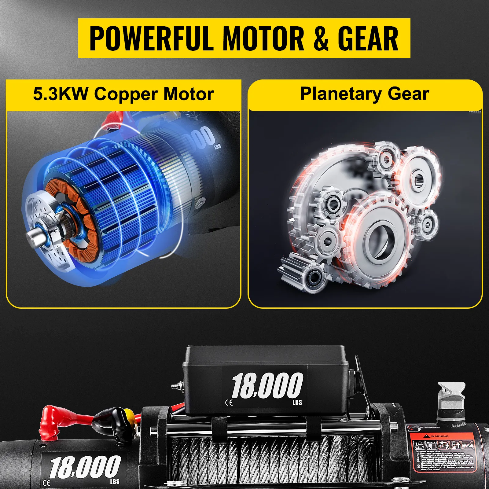 VEVOR electric truck winch with 5.3kw copper motor and planetary gear, 18000 lbs capacity.