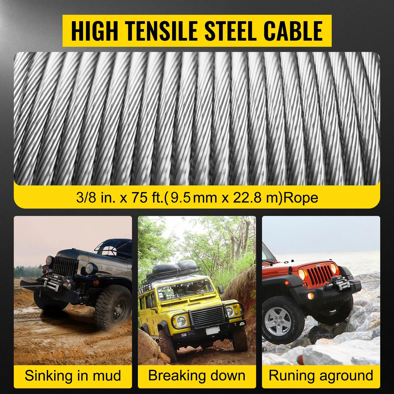 high tensile steel cable for VEVOR electric truck winch, 3/8 in. x 75 ft. rope.