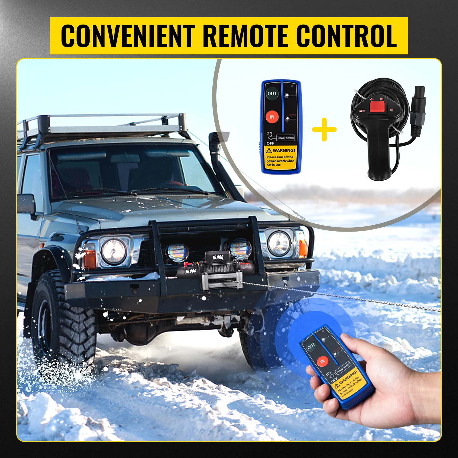 VEVOR electric truck winch with remote control on snow-covered terrain.
