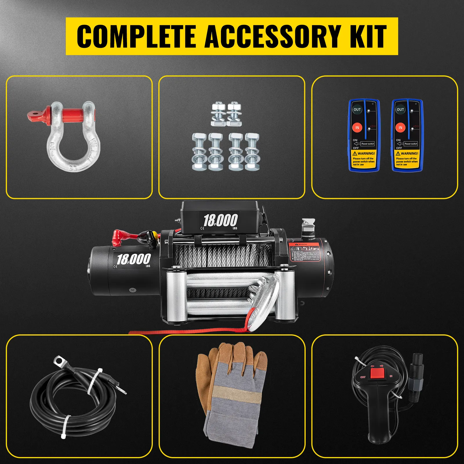 VEVOR electric truck winch and complete accessory kit with remote controls.