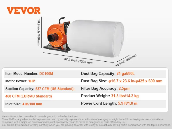 VEVOR dust collector dc100m, 1hp motor, 537 cfm, 21 gal capacity, 4in inlet, 16.7x23.6in bag size.