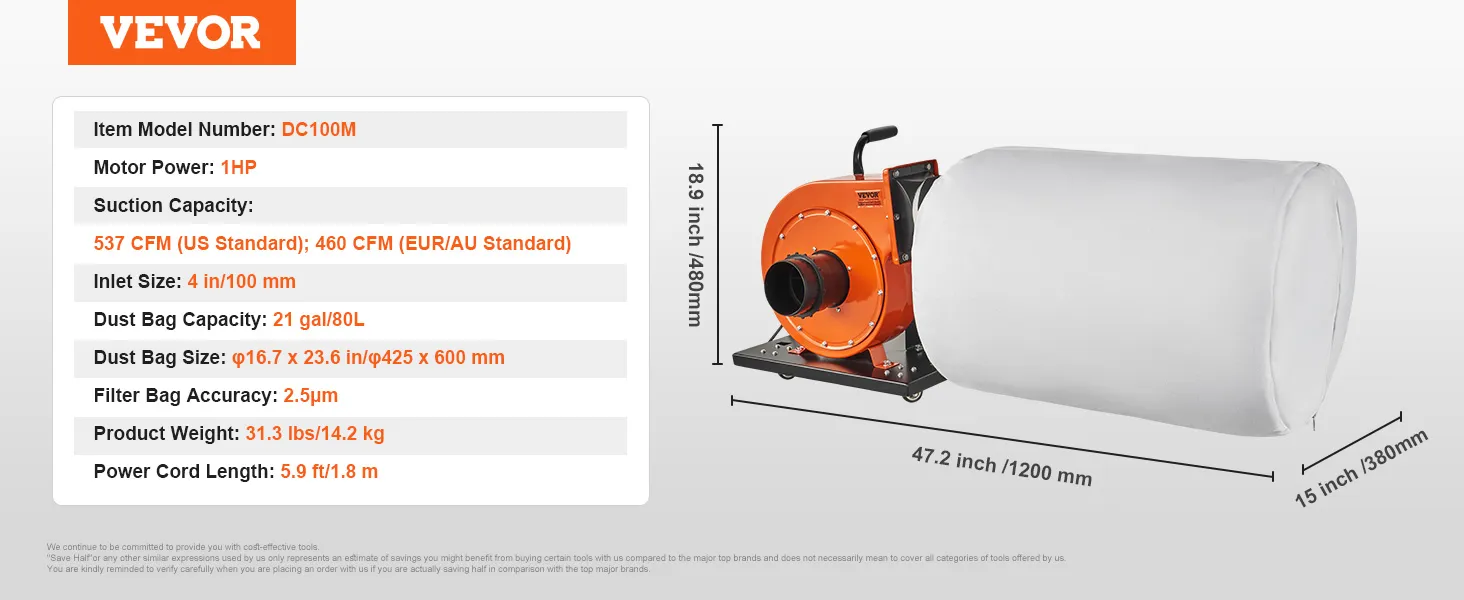 VEVOR dust collector dc100m, 1hp motor, 537 cfm, 21 gal capacity, 4in inlet, 16.7x23.6in bag size.