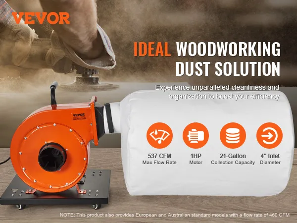 VEVOR dust collector: ideal woodworking dust solution with 537 cfm, 1hp motor, and 21-gallon capacity.