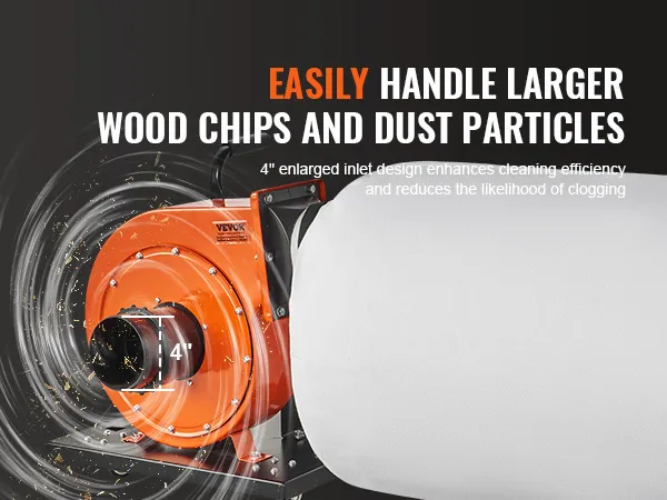 VEVOR dust collector with a 4" inlet efficiently handles larger wood chips and dust particles.