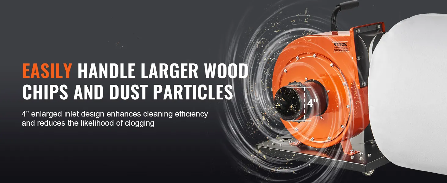 VEVOR dust collector with a 4" inlet efficiently handles larger wood chips and dust particles.
