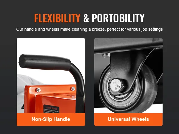 VEVOR dust collector with non-slip handle and universal wheels for flexibility and portability.