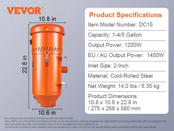 VEVOR dust collection system with 1200w power, 1-4/5 gallon capacity, and cold-rolled steel material.