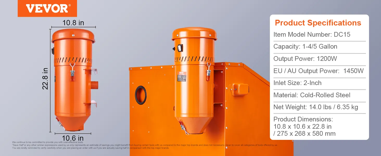 VEVOR dust collection system with 1200w power, 1-4/5 gallon capacity, and cold-rolled steel material.