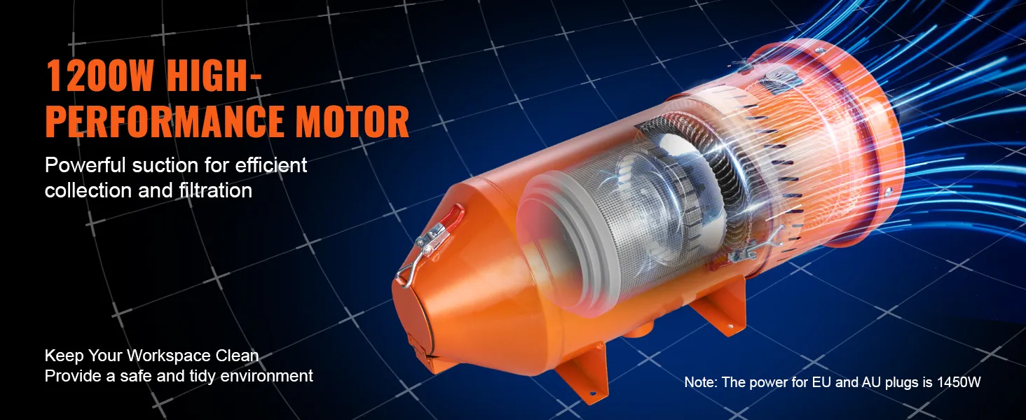 1200w high-performance motor with powerful suction for efficient VEVOR dust collection system.