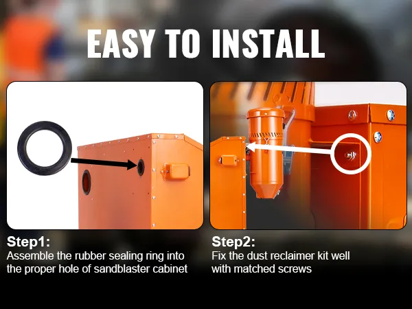 VEVOR dust collection system installation guide showing steps to assemble and fix parts with screws.