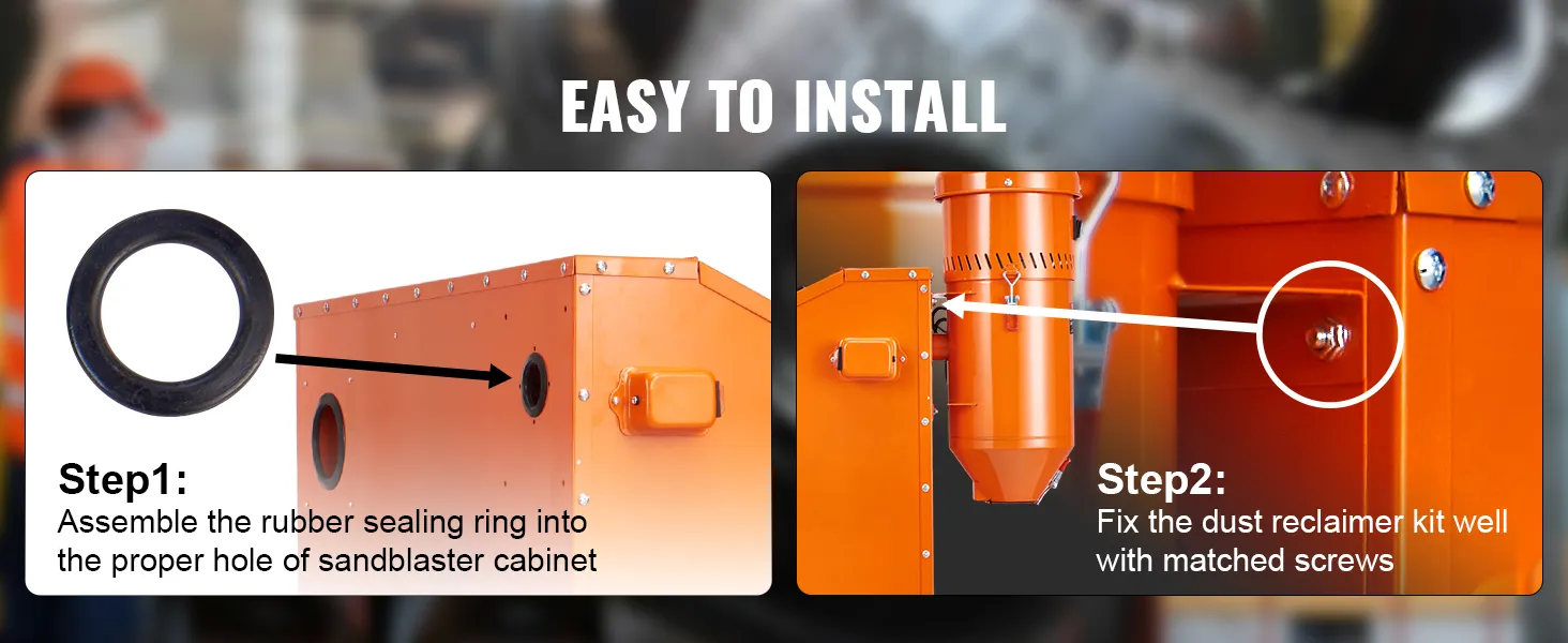 VEVOR dust collection system installation guide showing steps to assemble and fix parts with screws.