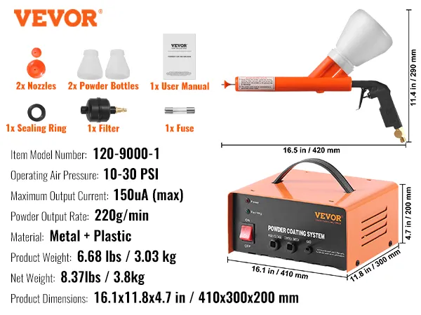 VEVOR Powder Coating System, 50KV Electrostatic Output Powder Coating Kit with Foot Switch, Spray Gun, Nozzles and Powder Cups, Powder Coating Equipment for Home DIY and Commercial Production