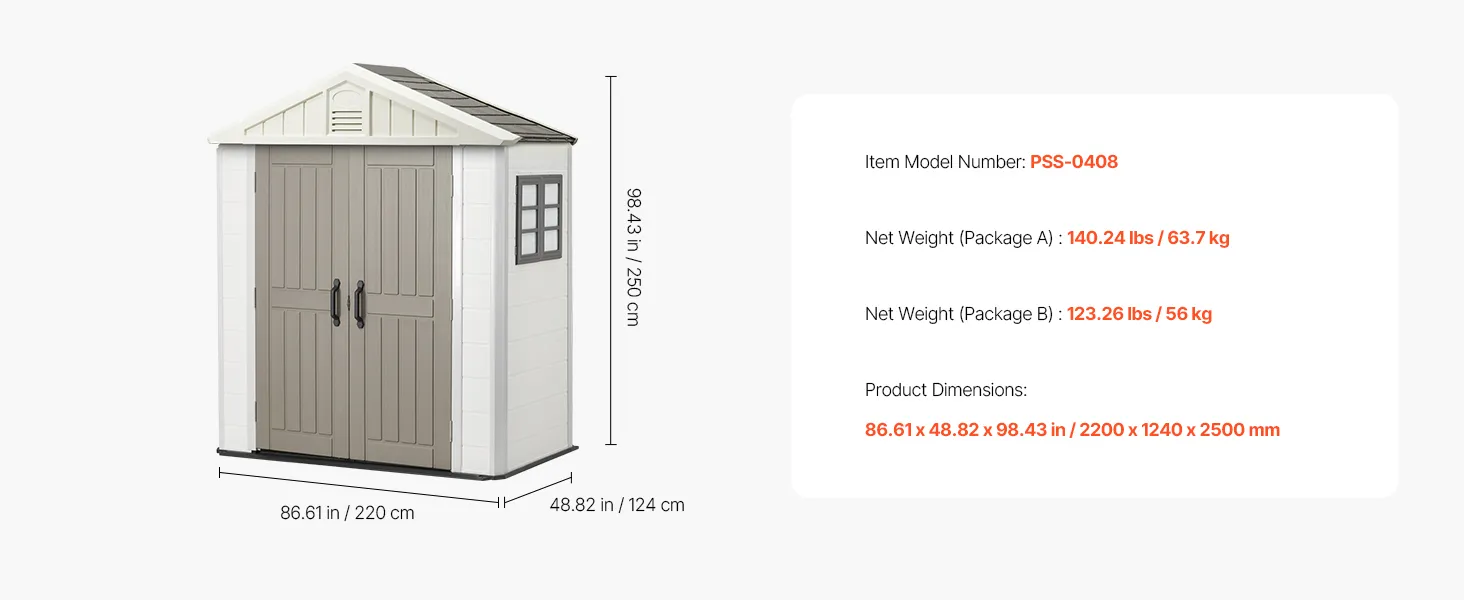 VEVOR Outdoor Storage Shed, 4x8 Ft, Heavy-Duty Resin Tool Shed, with Reinforced Floor, Skylight, Lockable Door, Weather Resistant, 152 Cu. Ft. for Garden Tools, Lawn Mower, Bike, Backyard, Patio, Grey