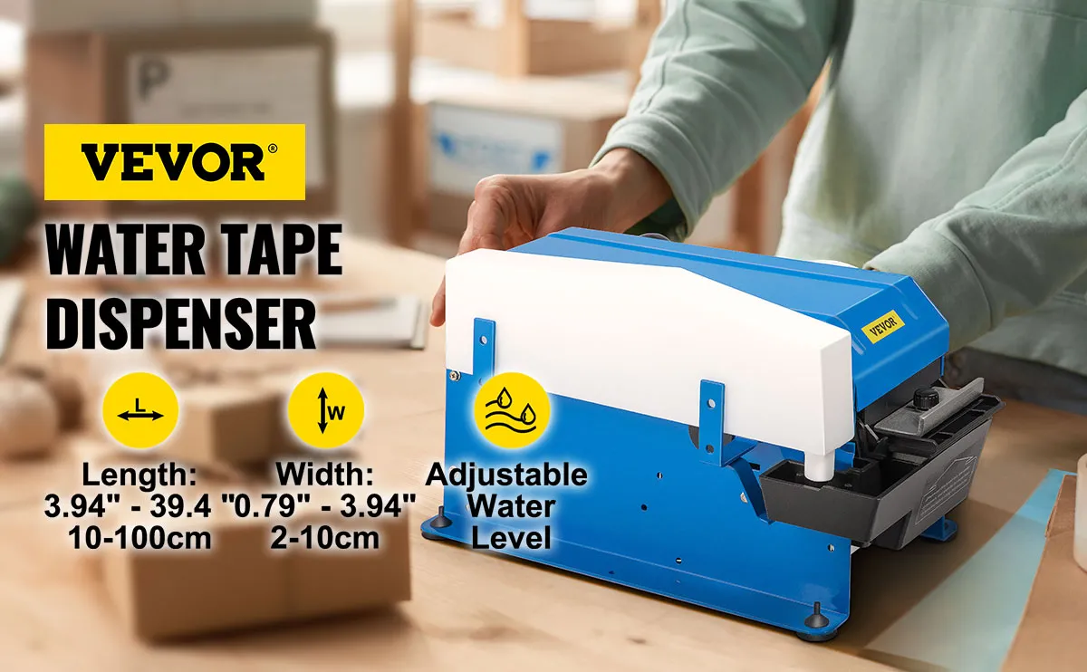 Dispensador de cinta activado por agua VEVOR, nivel de agua ajustable y medidas de cinta.