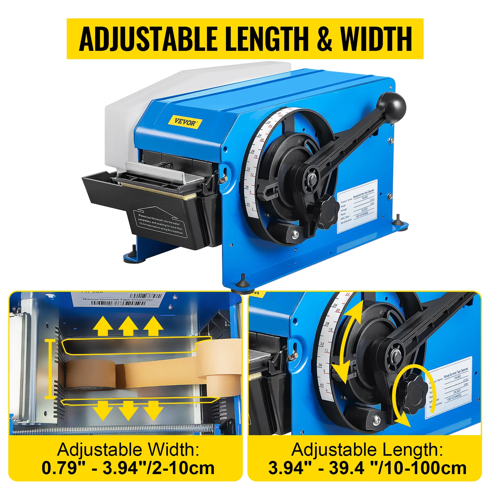 Dispensador de cinta activado por agua VEVOR que muestra configuraciones ajustables de ancho y largo.