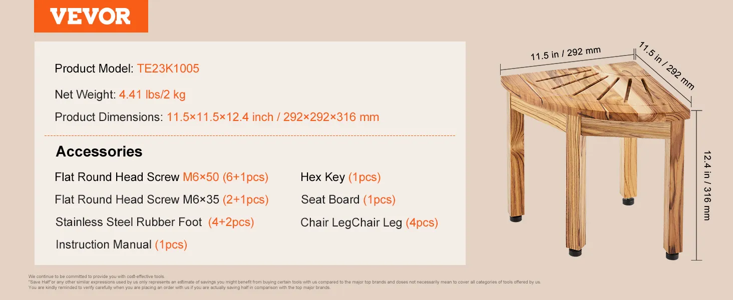 VEVOR-Duschbank aus Teakholz, Maße 11,5 x 11,5 x 12,4 Zoll, Modell te23k1005, mit aufgeführtem Zubehör.